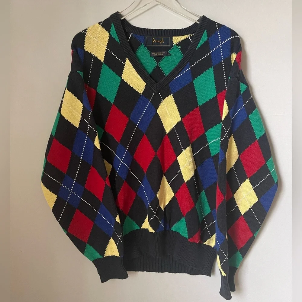 Pringle of Scotland Argyle Cotton Golf Sweater V-Neck Primary M‎